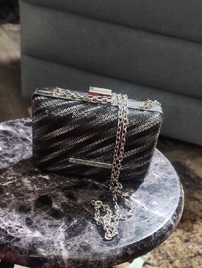 Black Sequin Evening Clutch with Silver Chain Strap, Very Nice.